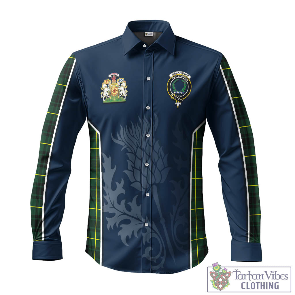 Tartan Vibes Clothing MacArthur Modern Tartan Long Sleeve Button Up Shirt with Family Crest and Scottish Thistle Vibes Sport Style