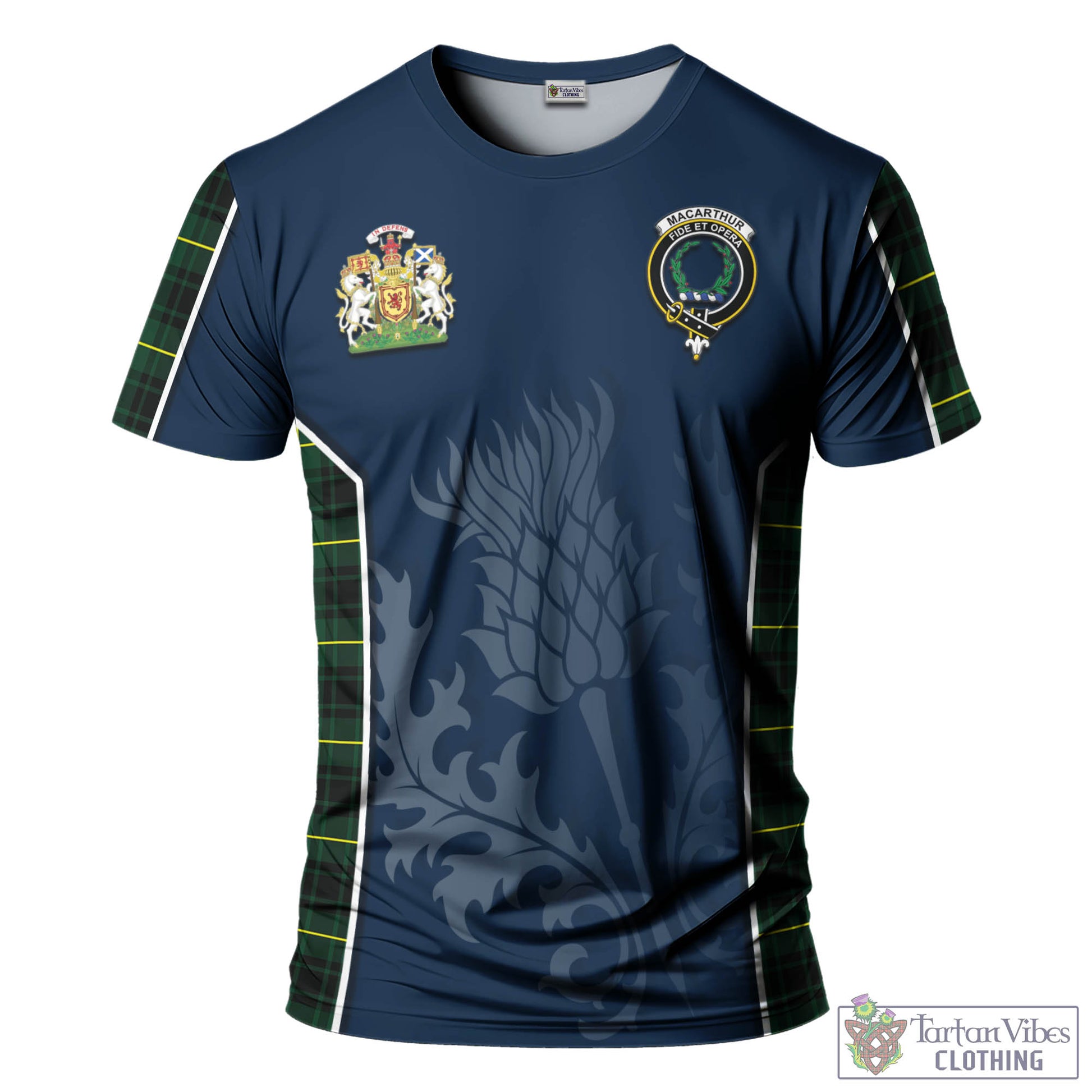 Tartan Vibes Clothing MacArthur Modern Tartan T-Shirt with Family Crest and Scottish Thistle Vibes Sport Style