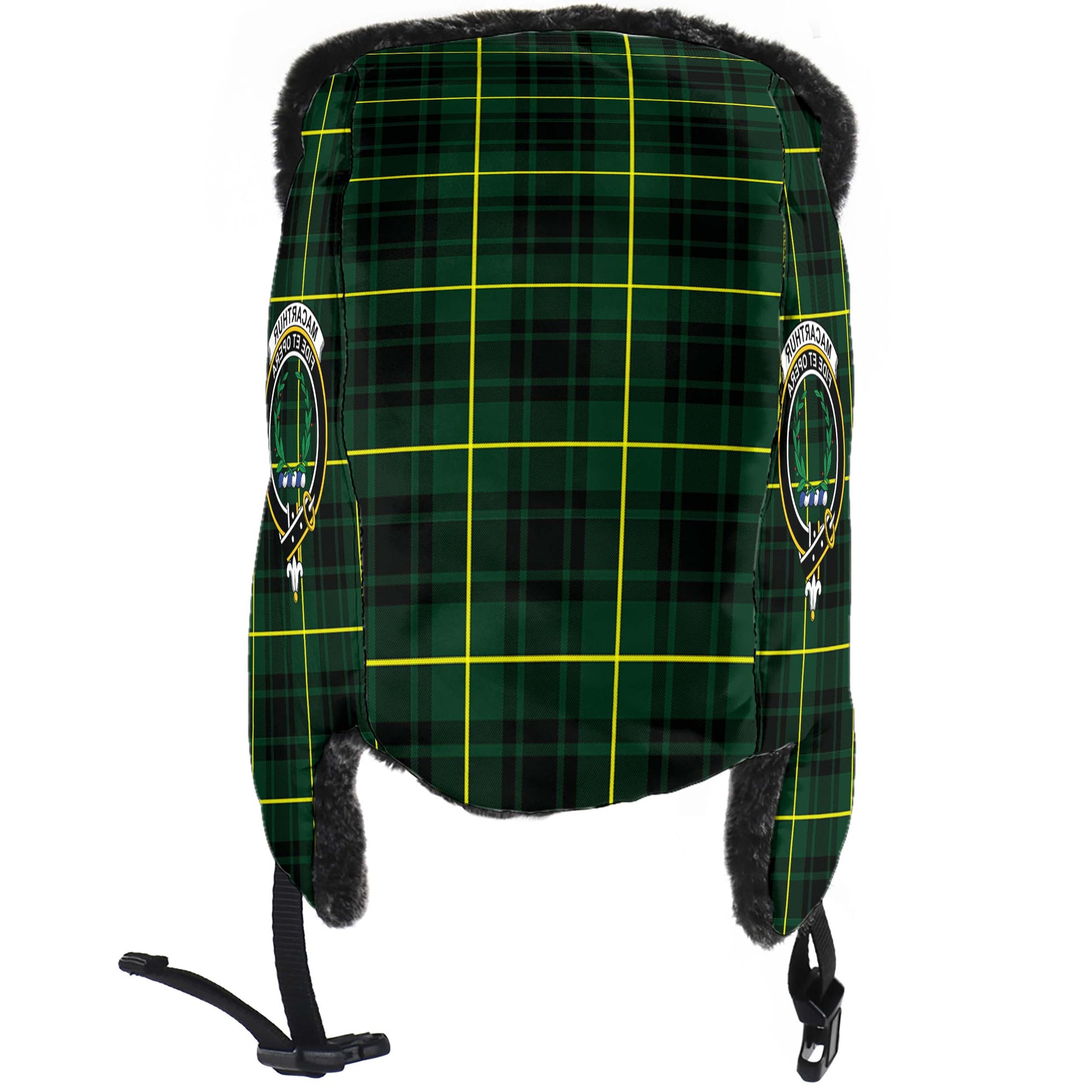 MacArthur Modern Tartan Winter Trapper Hat with Family Crest - Tartanvibesclothing