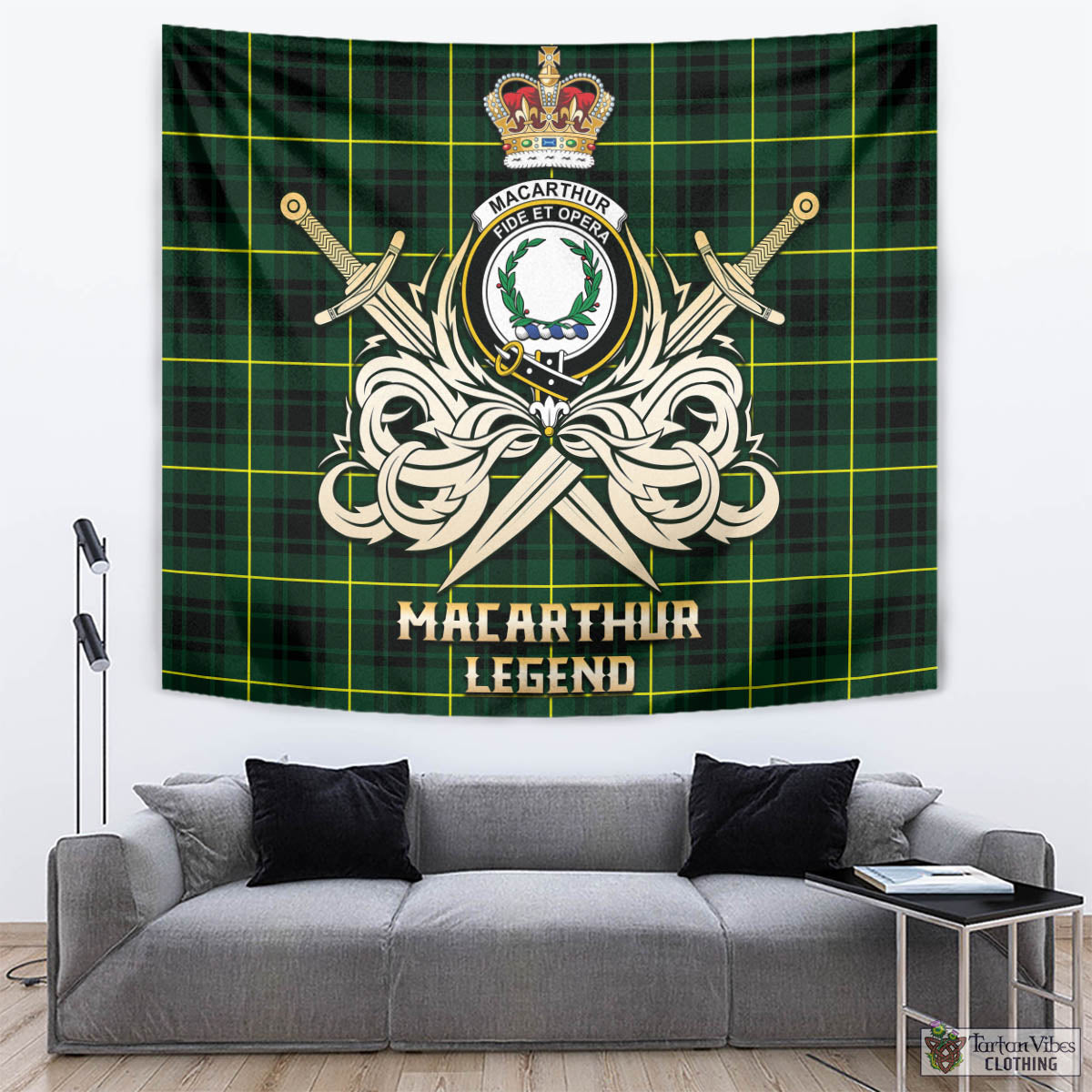 Tartan Vibes Clothing MacArthur Modern Tartan Tapestry with Clan Crest and the Golden Sword of Courageous Legacy