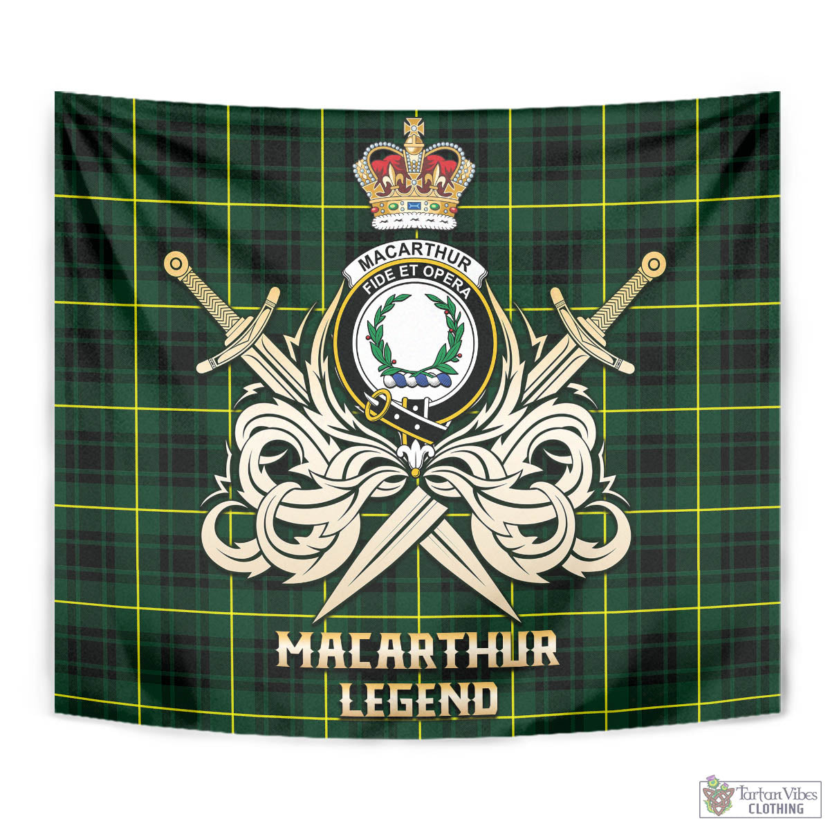 Tartan Vibes Clothing MacArthur Modern Tartan Tapestry with Clan Crest and the Golden Sword of Courageous Legacy