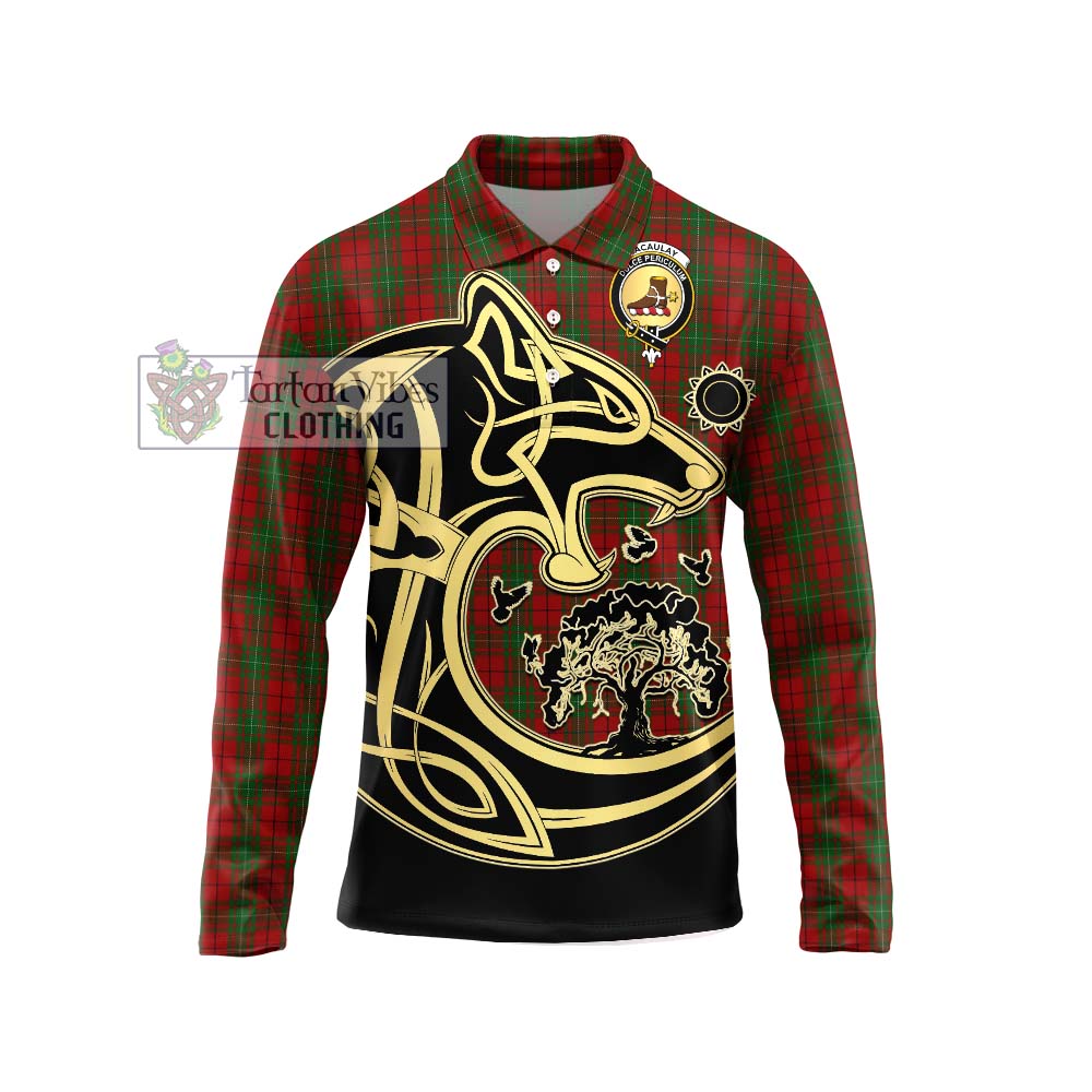 MacAulay (MacAuley) Tartan Long Sleeve Polo Shirt with Family Crest Celtic Wolf Style Unisex - Tartanvibesclothing Shop