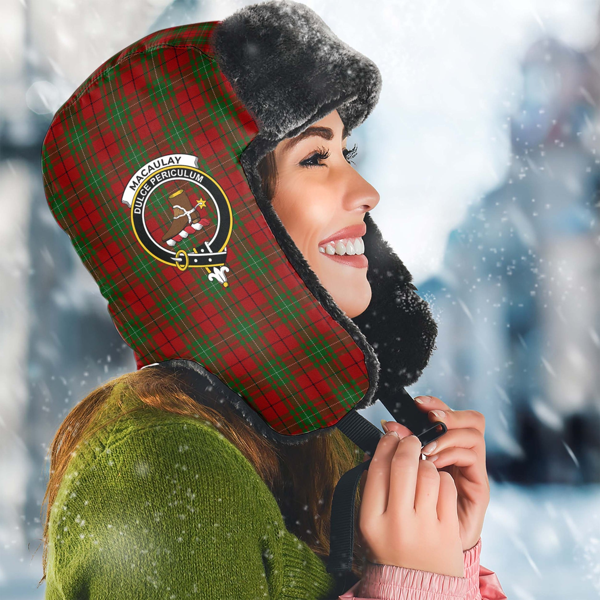 MacAulay Tartan Winter Trapper Hat with Family Crest Winter Trapper Hat Universal Fit Circumference 22.8in (58cm) - Tartanvibesclothing