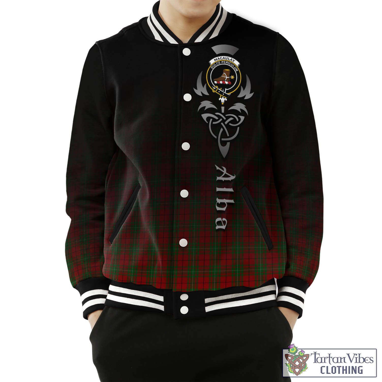 Tartan Vibes Clothing MacAulay Tartan Baseball Jacket Featuring Alba Gu Brath Family Crest Celtic Inspired