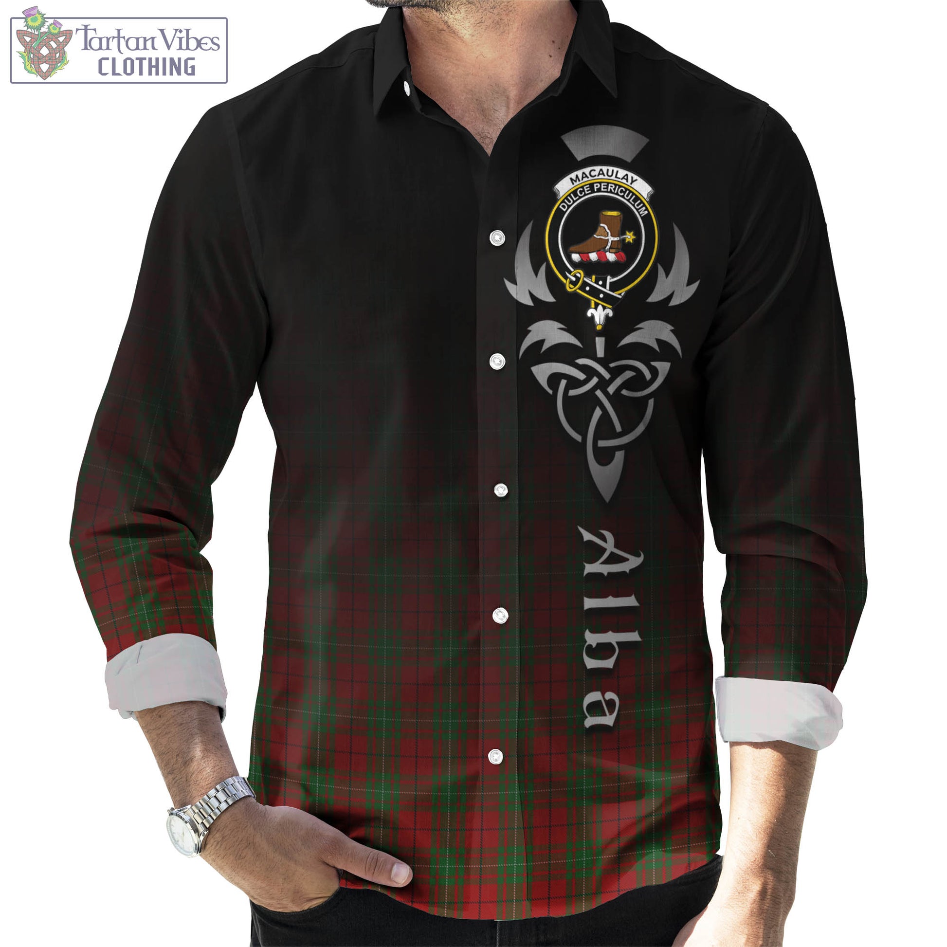 Tartan Vibes Clothing MacAulay Tartan Long Sleeve Button Up Featuring Alba Gu Brath Family Crest Celtic Inspired