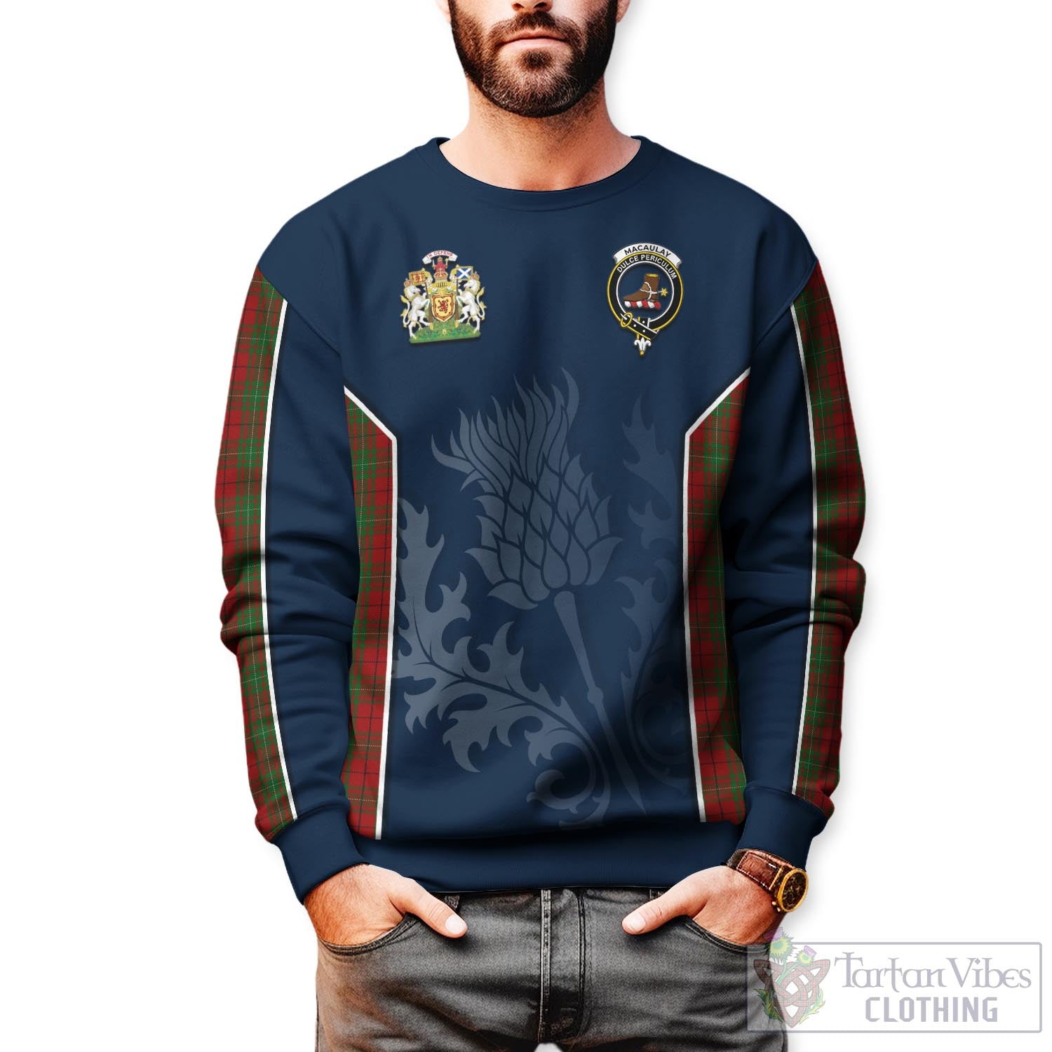 Tartan Vibes Clothing MacAulay Tartan Sweatshirt with Family Crest and Scottish Thistle Vibes Sport Style