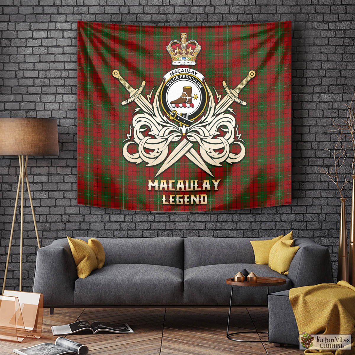 Tartan Vibes Clothing MacAulay Tartan Tapestry with Clan Crest and the Golden Sword of Courageous Legacy