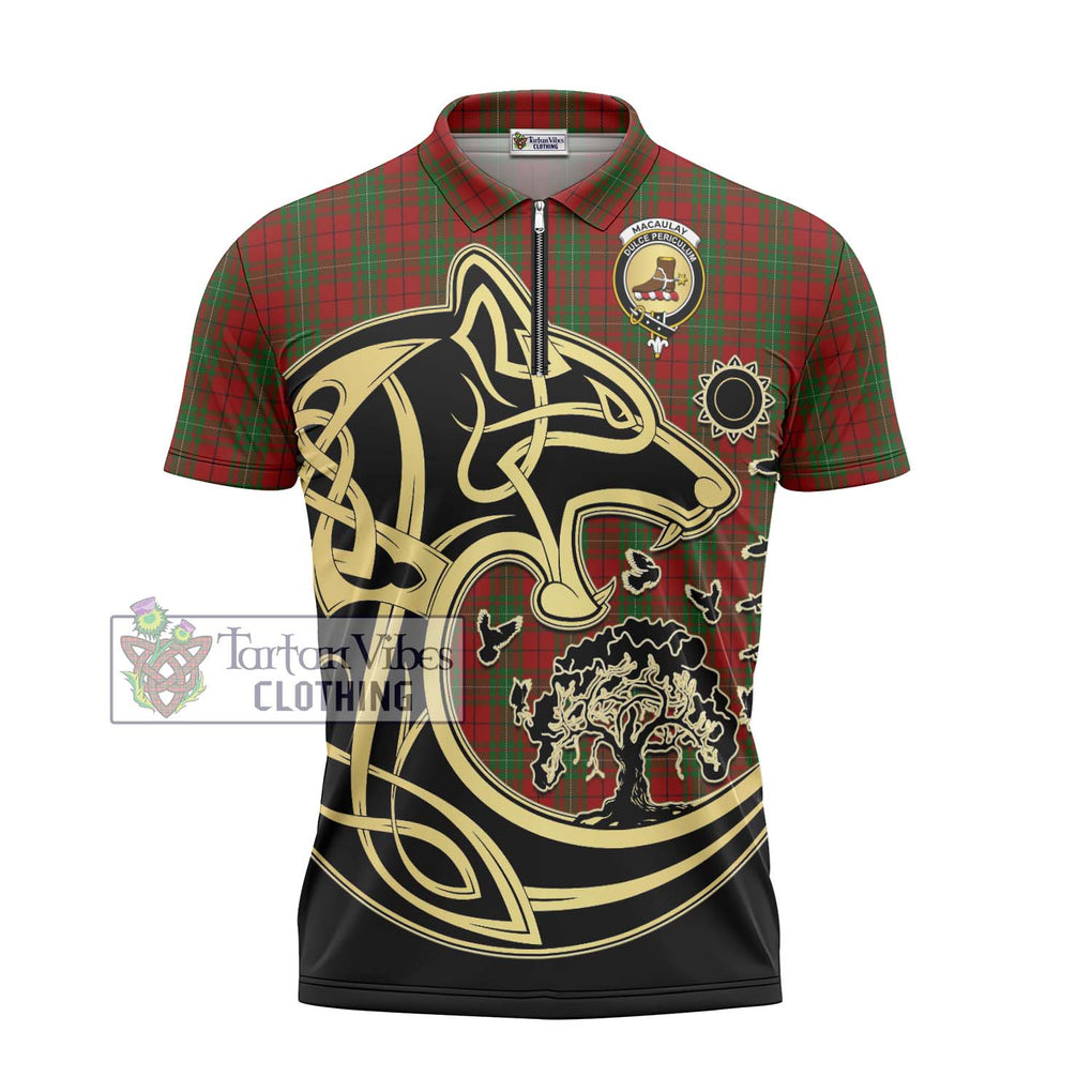 MacAulay (MacAuley) Tartan Zipper Polo Shirt with Family Crest Celtic Wolf Style - Tartanvibesclothing Shop