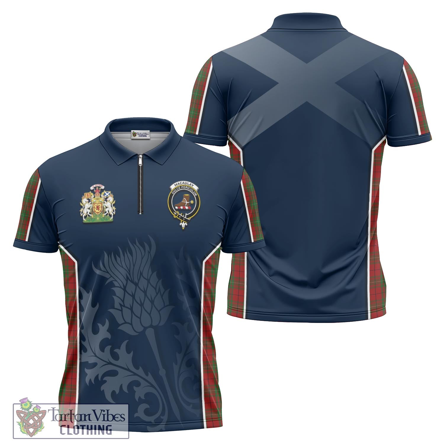 Tartan Vibes Clothing MacAulay Tartan Zipper Polo Shirt with Family Crest and Scottish Thistle Vibes Sport Style