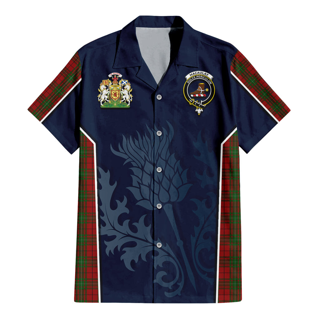 Tartan Vibes Clothing MacAulay Tartan Short Sleeve Button Up Shirt with Family Crest and Scottish Thistle Vibes Sport Style