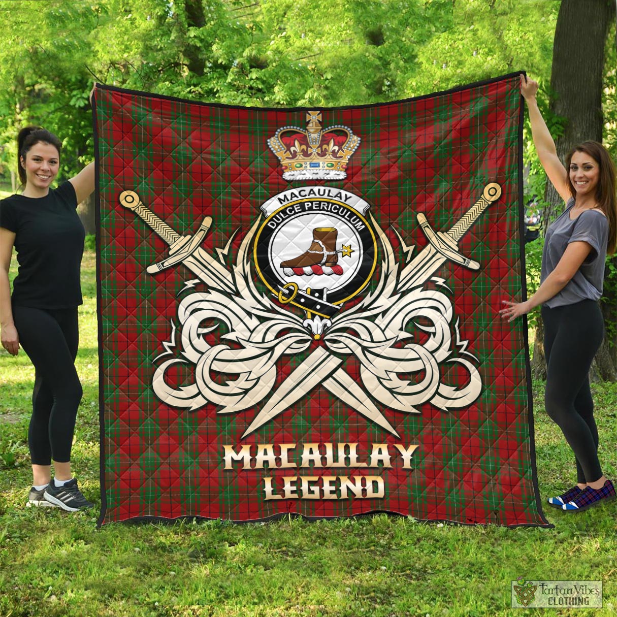 Tartan Vibes Clothing MacAulay Tartan Quilt with Clan Crest and the Golden Sword of Courageous Legacy