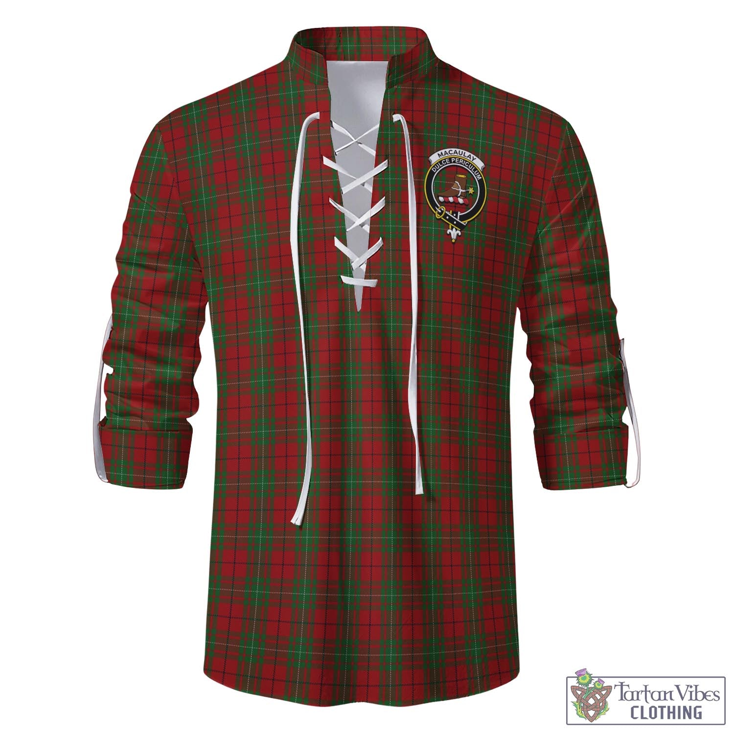 Tartan Vibes Clothing MacAulay Tartan Men's Scottish Traditional Jacobite Ghillie Kilt Shirt with Family Crest