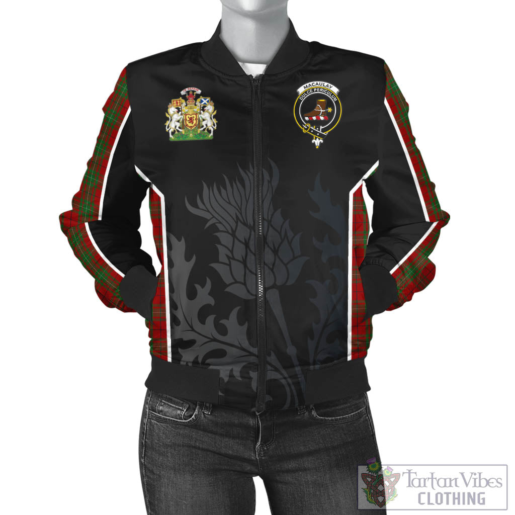 Tartan Vibes Clothing MacAulay Tartan Bomber Jacket with Family Crest and Scottish Thistle Vibes Sport Style