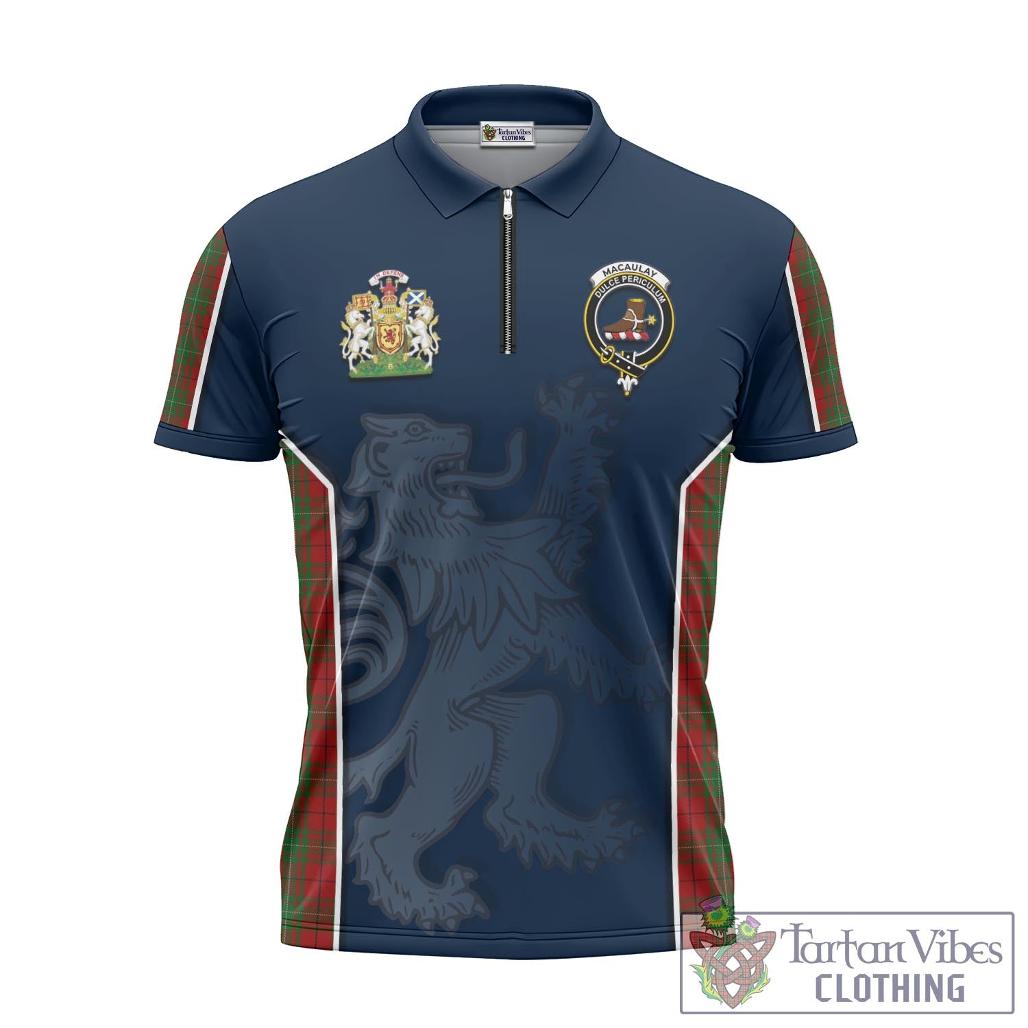 Tartan Vibes Clothing MacAulay Tartan Zipper Polo Shirt with Family Crest and Lion Rampant Vibes Sport Style