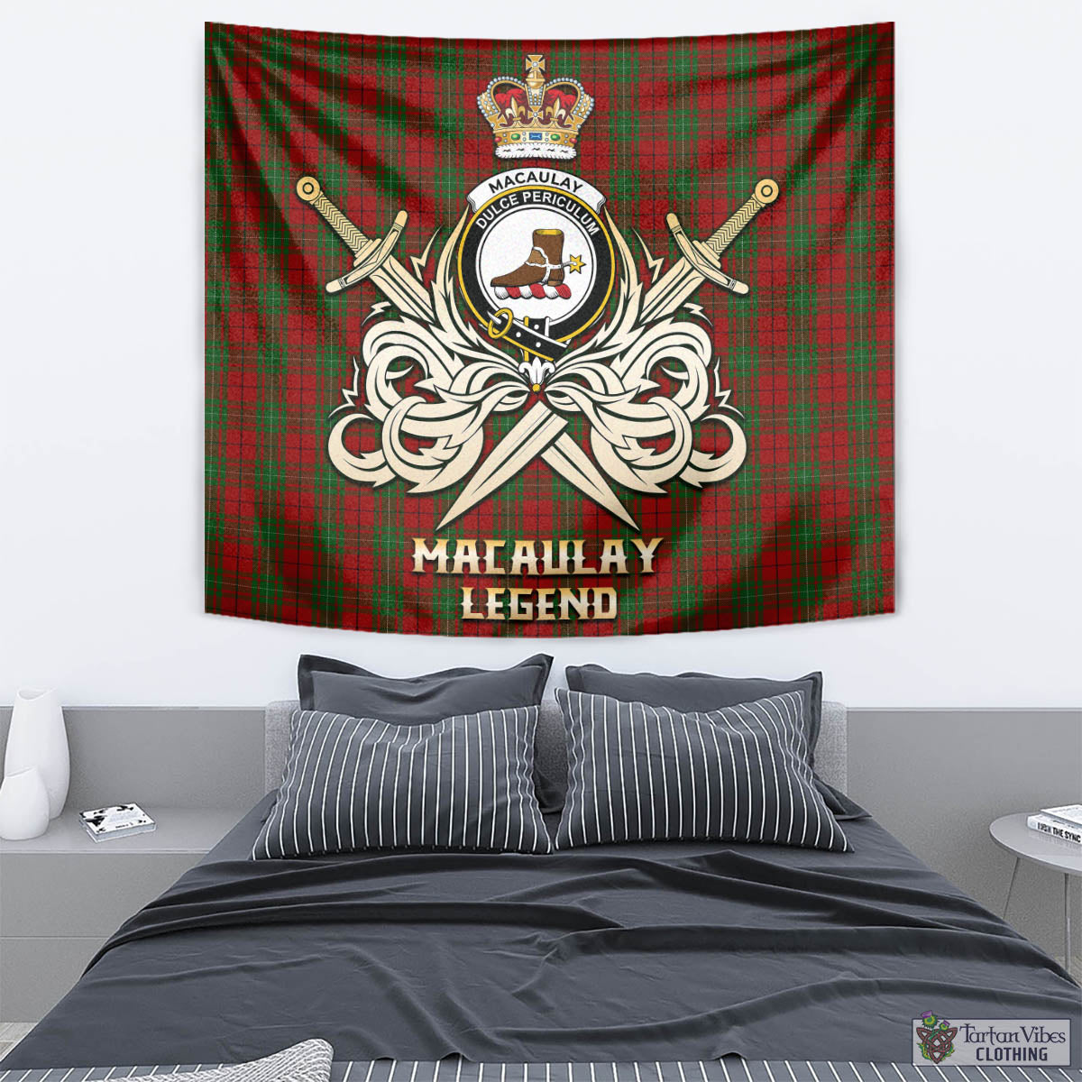 Tartan Vibes Clothing MacAulay Tartan Tapestry with Clan Crest and the Golden Sword of Courageous Legacy