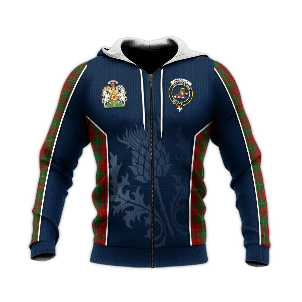 Tartan Vibes Clothing MacAulay Tartan Knitted Hoodie with Family Crest and Scottish Thistle Vibes Sport Style