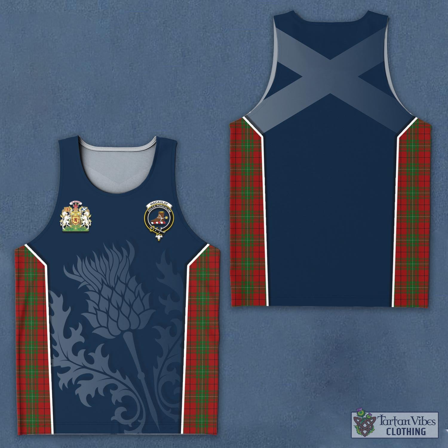 Tartan Vibes Clothing MacAulay Tartan Men's Tanks Top with Family Crest and Scottish Thistle Vibes Sport Style