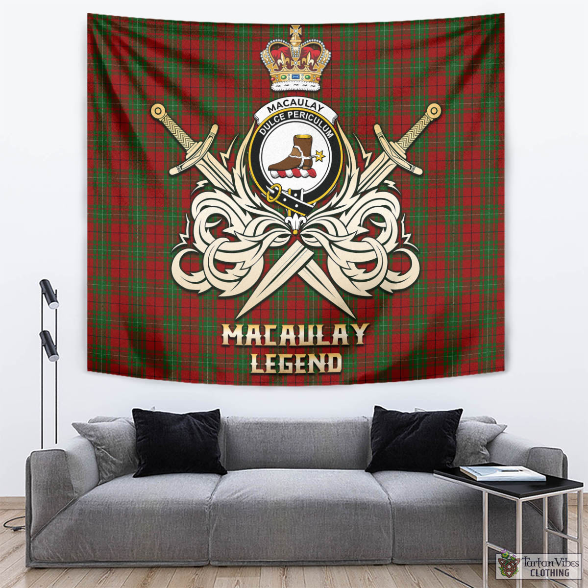 Tartan Vibes Clothing MacAulay Tartan Tapestry with Clan Crest and the Golden Sword of Courageous Legacy