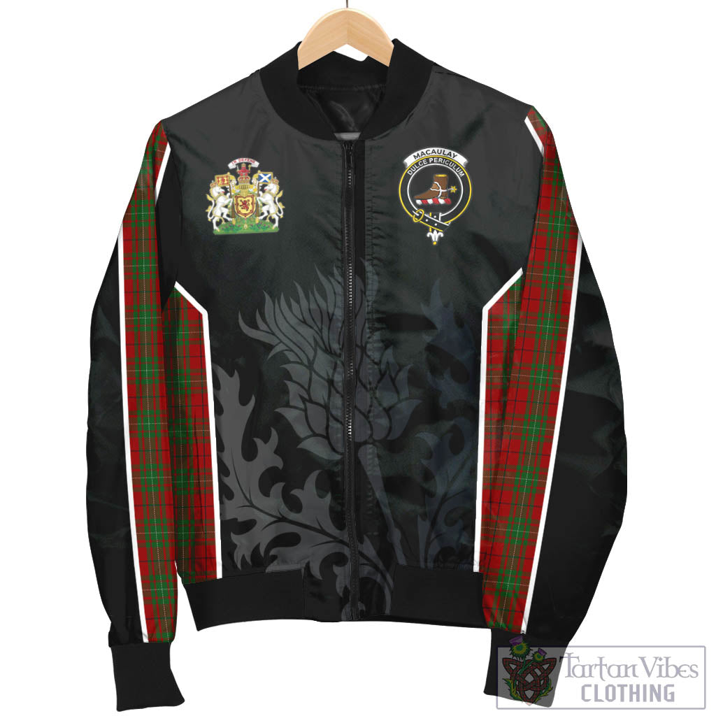 Tartan Vibes Clothing MacAulay Tartan Bomber Jacket with Family Crest and Scottish Thistle Vibes Sport Style