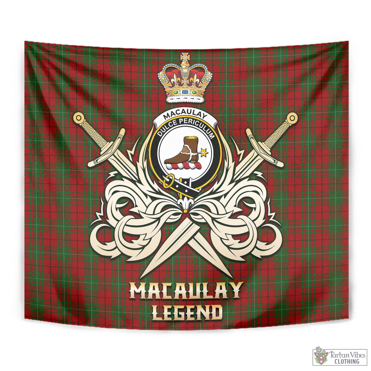 Tartan Vibes Clothing MacAulay Tartan Tapestry with Clan Crest and the Golden Sword of Courageous Legacy