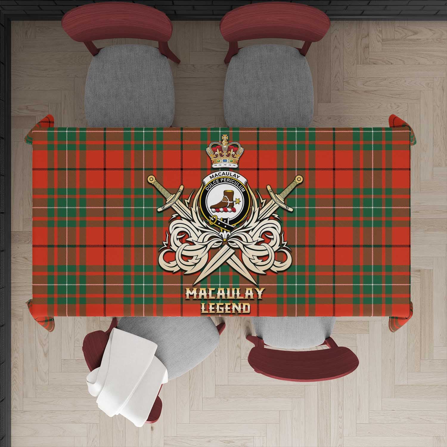 Tartan Vibes Clothing MacAulay Ancient Tartan Tablecloth with Clan Crest and the Golden Sword of Courageous Legacy