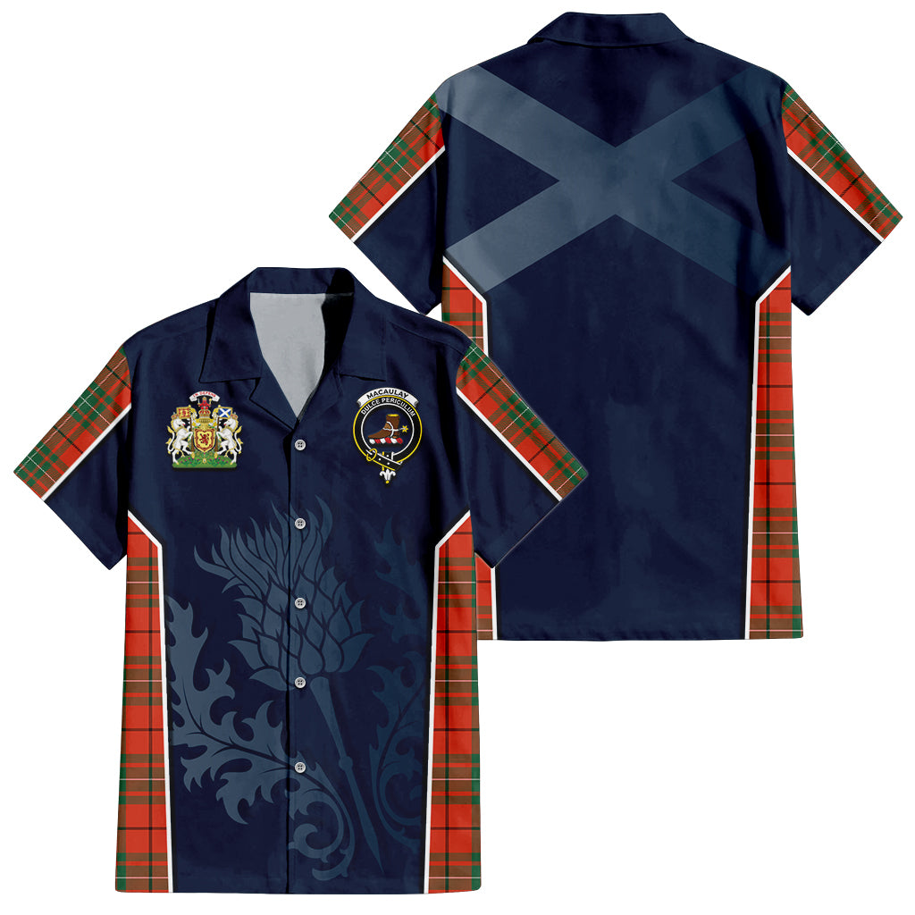 Tartan Vibes Clothing MacAulay Ancient Tartan Short Sleeve Button Up Shirt with Family Crest and Scottish Thistle Vibes Sport Style