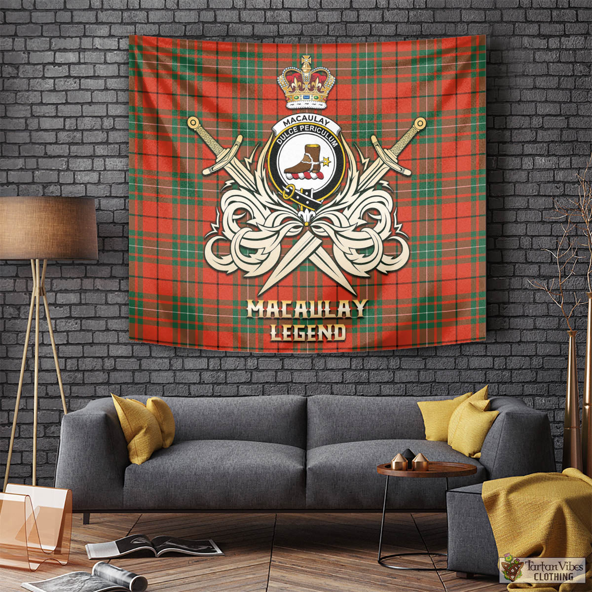 Tartan Vibes Clothing MacAulay Ancient Tartan Tapestry with Clan Crest and the Golden Sword of Courageous Legacy