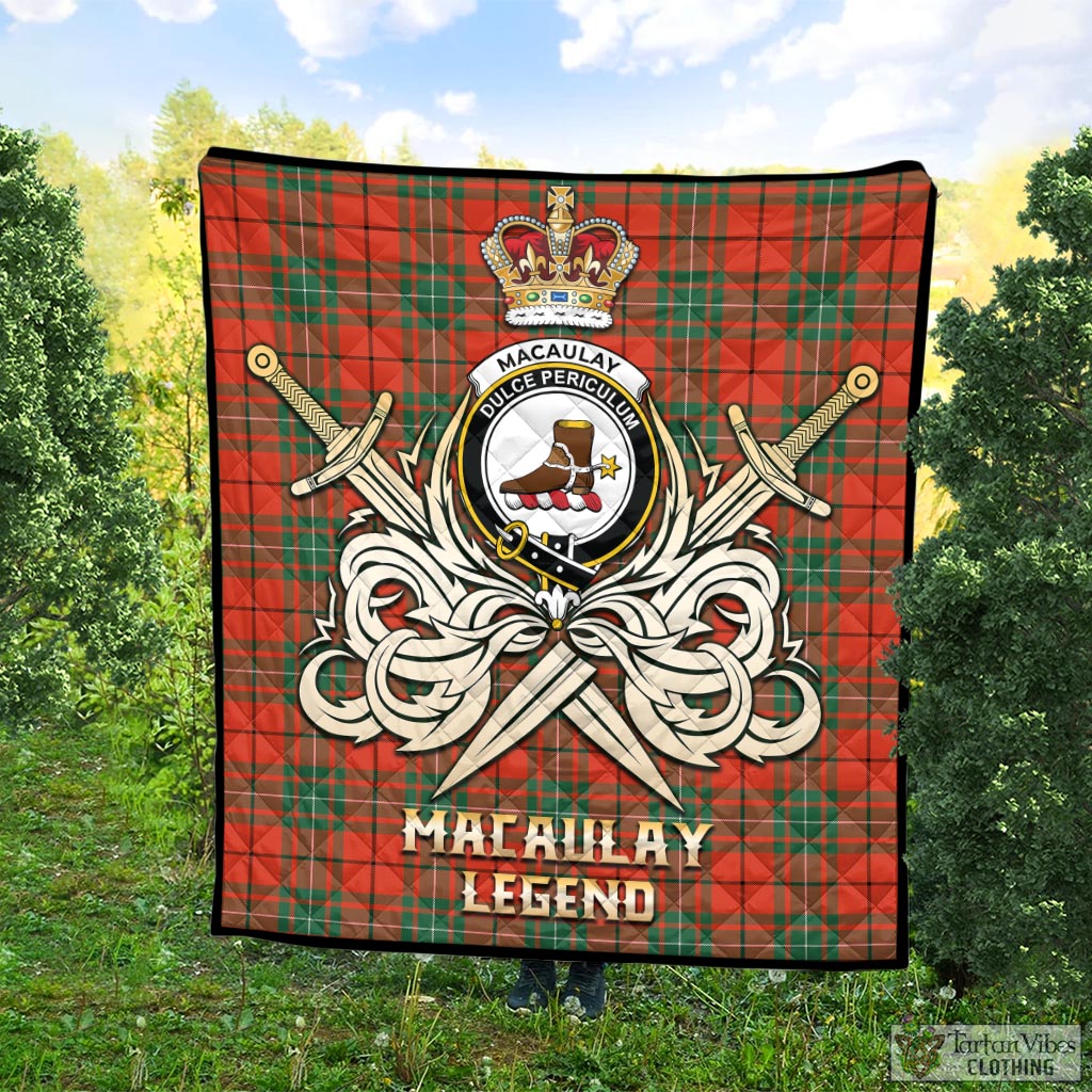 Tartan Vibes Clothing MacAulay Ancient Tartan Quilt with Clan Crest and the Golden Sword of Courageous Legacy