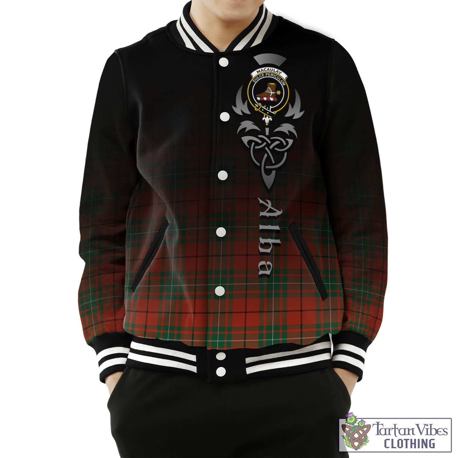 Tartan Vibes Clothing MacAulay Ancient Tartan Baseball Jacket Featuring Alba Gu Brath Family Crest Celtic Inspired