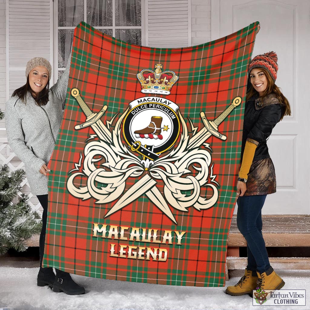 Tartan Vibes Clothing MacAulay Ancient Tartan Blanket with Clan Crest and the Golden Sword of Courageous Legacy