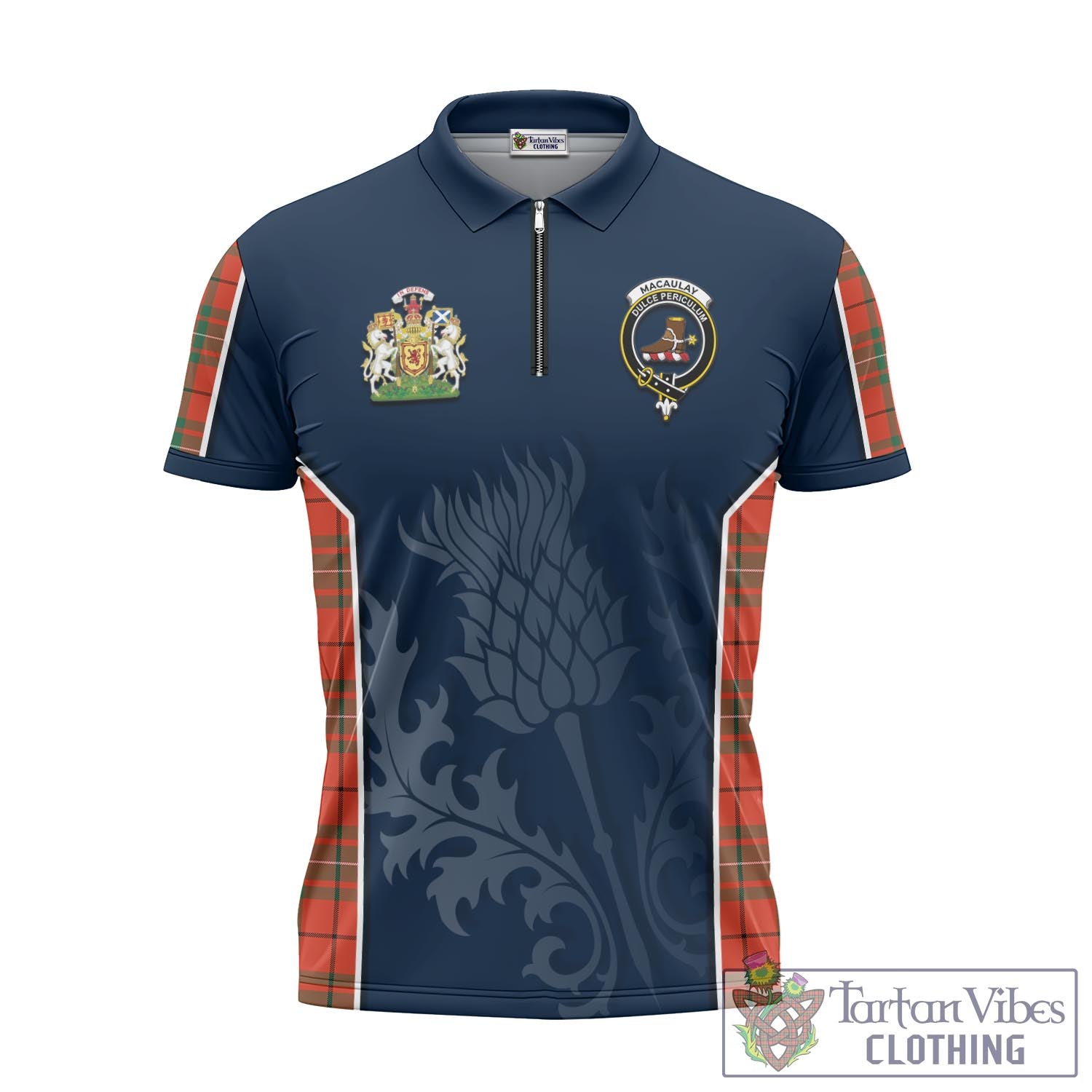 Tartan Vibes Clothing MacAulay Ancient Tartan Zipper Polo Shirt with Family Crest and Scottish Thistle Vibes Sport Style