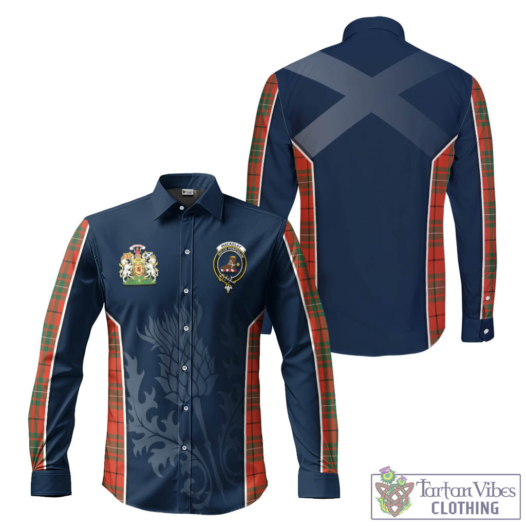 Tartan Vibes Clothing MacAulay Ancient Tartan Long Sleeve Button Up Shirt with Family Crest and Scottish Thistle Vibes Sport Style