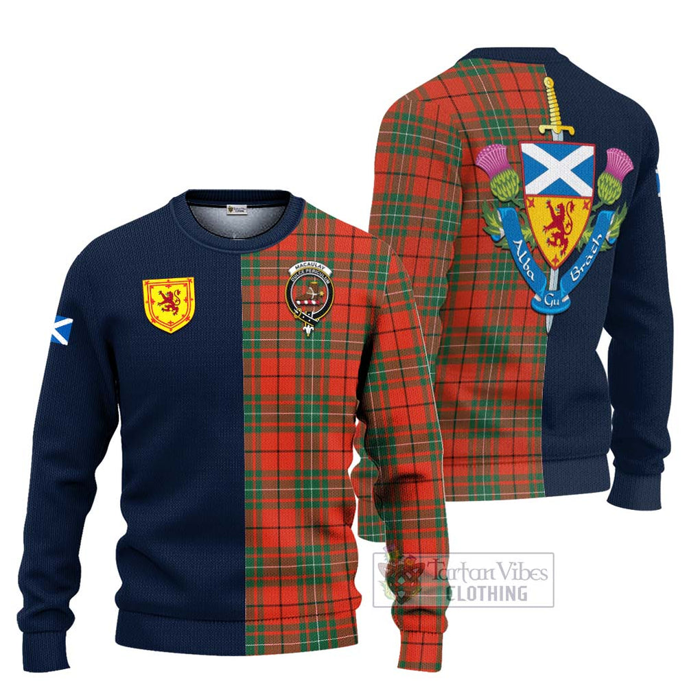 Tartan Vibes Clothing MacAulay Ancient Tartan Knitted Sweater with Scottish Lion Royal Arm Half Style