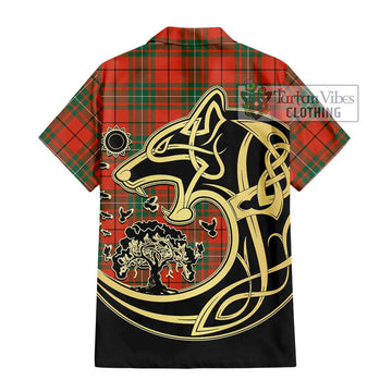 MacAulay Ancient Tartan Short Sleeve Button Shirt with Family Crest Celtic Wolf Style