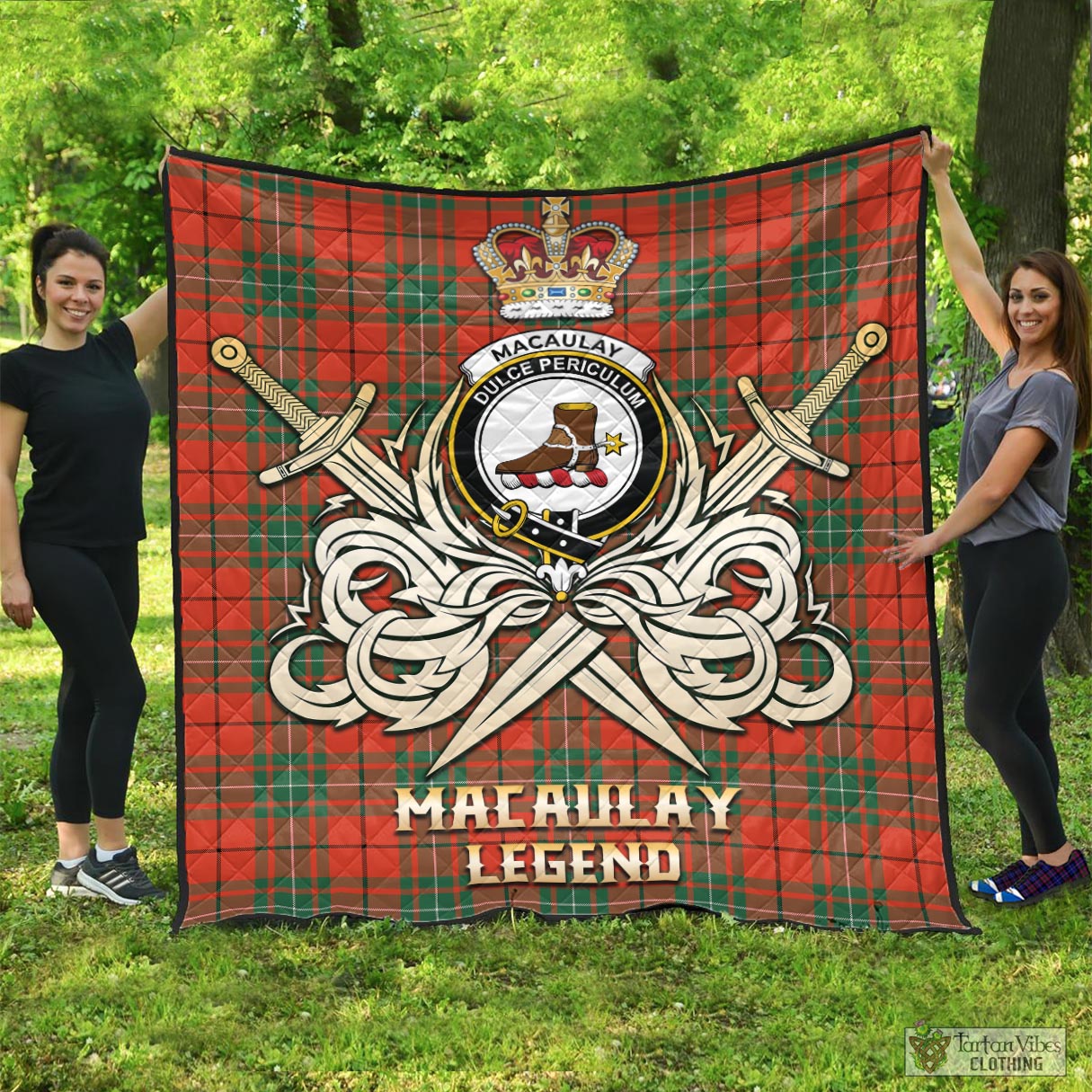 Tartan Vibes Clothing MacAulay Ancient Tartan Quilt with Clan Crest and the Golden Sword of Courageous Legacy