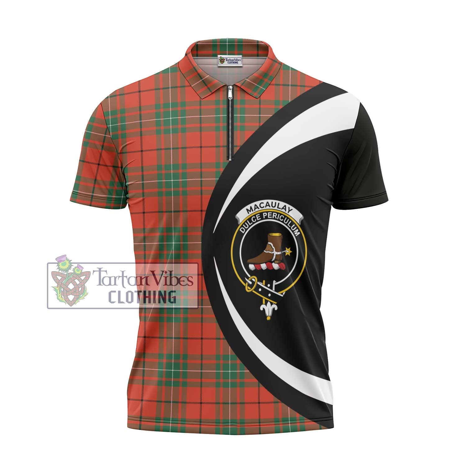Tartan Vibes Clothing MacAulay Ancient Tartan Zipper Polo Shirt with Family Crest Circle Style
