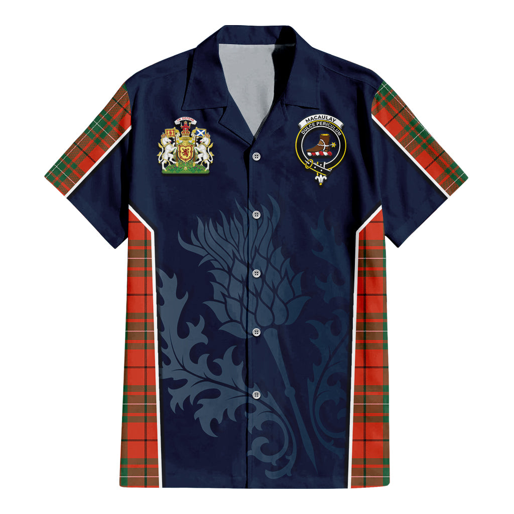 Tartan Vibes Clothing MacAulay Ancient Tartan Short Sleeve Button Up Shirt with Family Crest and Scottish Thistle Vibes Sport Style