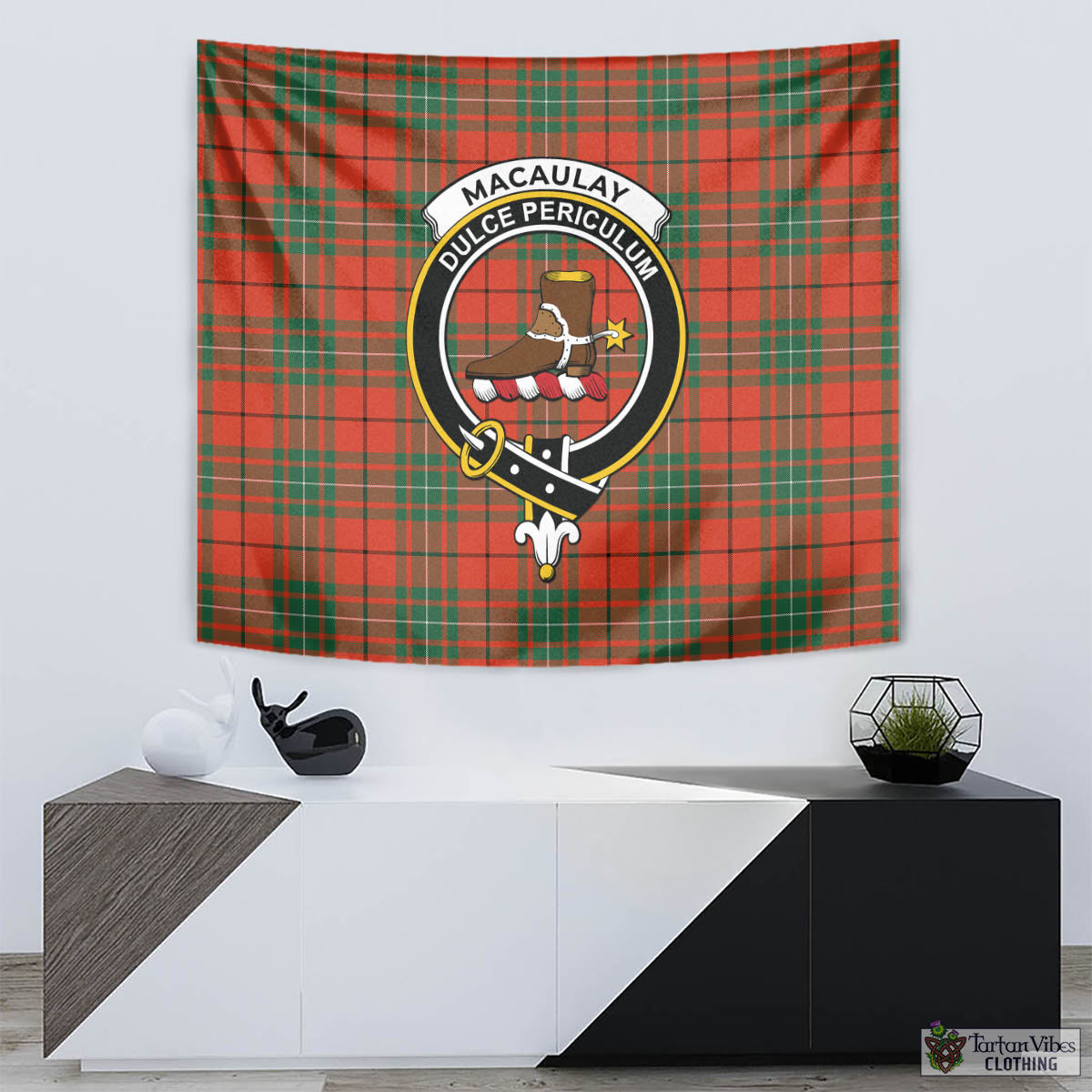 Tartan Vibes Clothing MacAulay Ancient Tartan Tapestry Wall Hanging and Home Decor for Room with Family Crest