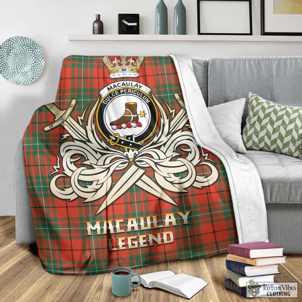 Tartan Vibes Clothing MacAulay Ancient Tartan Blanket with Clan Crest and the Golden Sword of Courageous Legacy