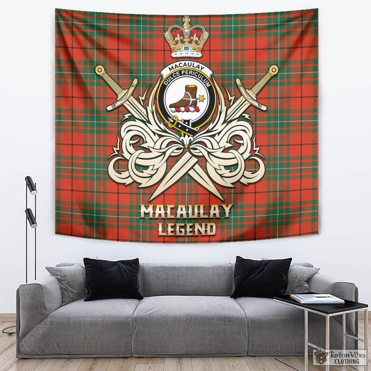 Tartan Vibes Clothing MacAulay Ancient Tartan Tapestry with Clan Crest and the Golden Sword of Courageous Legacy