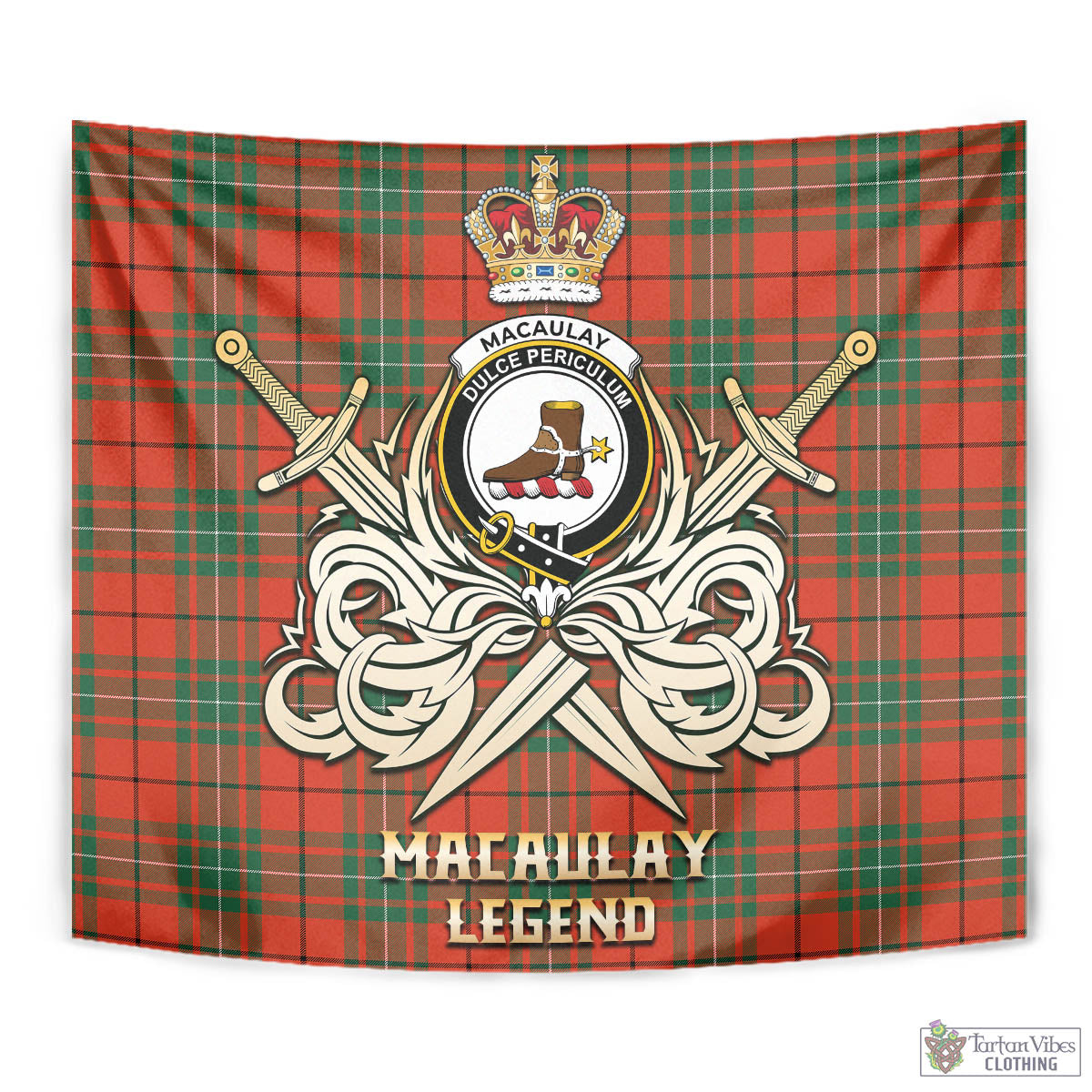 Tartan Vibes Clothing MacAulay Ancient Tartan Tapestry with Clan Crest and the Golden Sword of Courageous Legacy