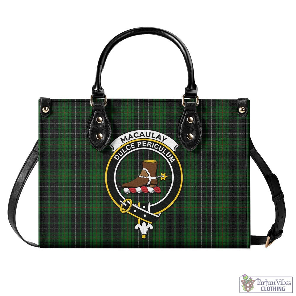 Tartan Vibes Clothing MacAulay Hunting Tartan Luxury Leather Handbags with Family Crest