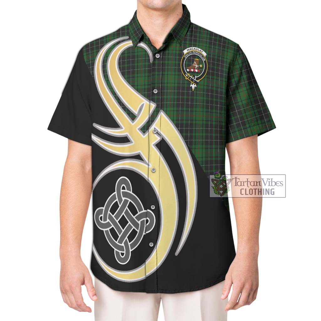 MacAulay Hunting Tartan Short Sleeve Button Shirt with Family Crest and Celtic Symbol Style Kid - Tartan Vibes Clothing