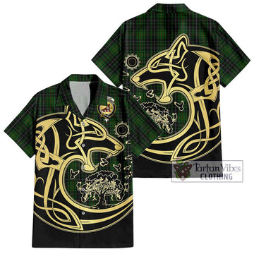 MacAulay Hunting Tartan Short Sleeve Button Shirt with Family Crest Celtic Wolf Style