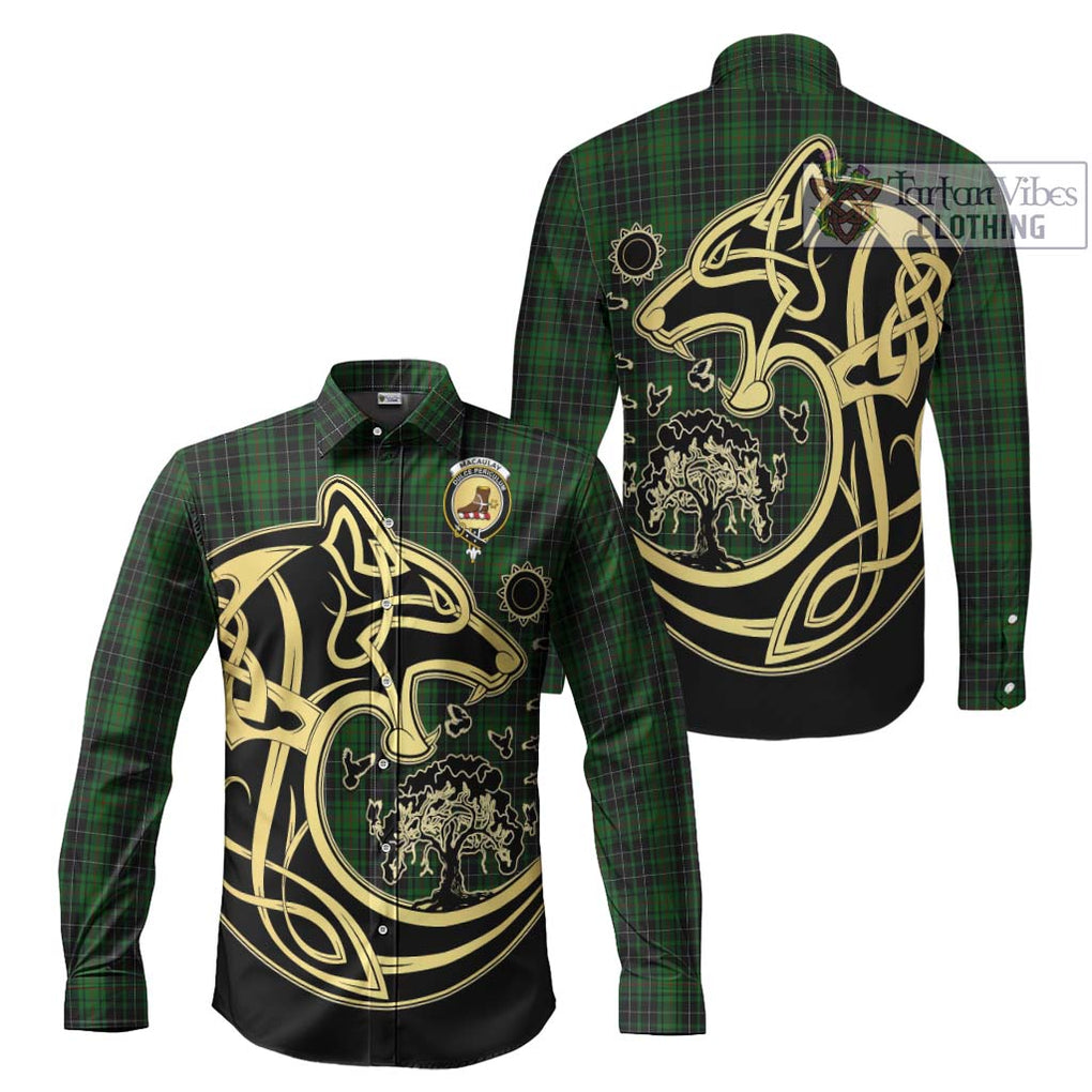 MacAulay Hunting Tartan Long Sleeve Button Shirt with Family Crest Celtic Wolf Style Men's Shirt S - Tartan Vibes Clothing