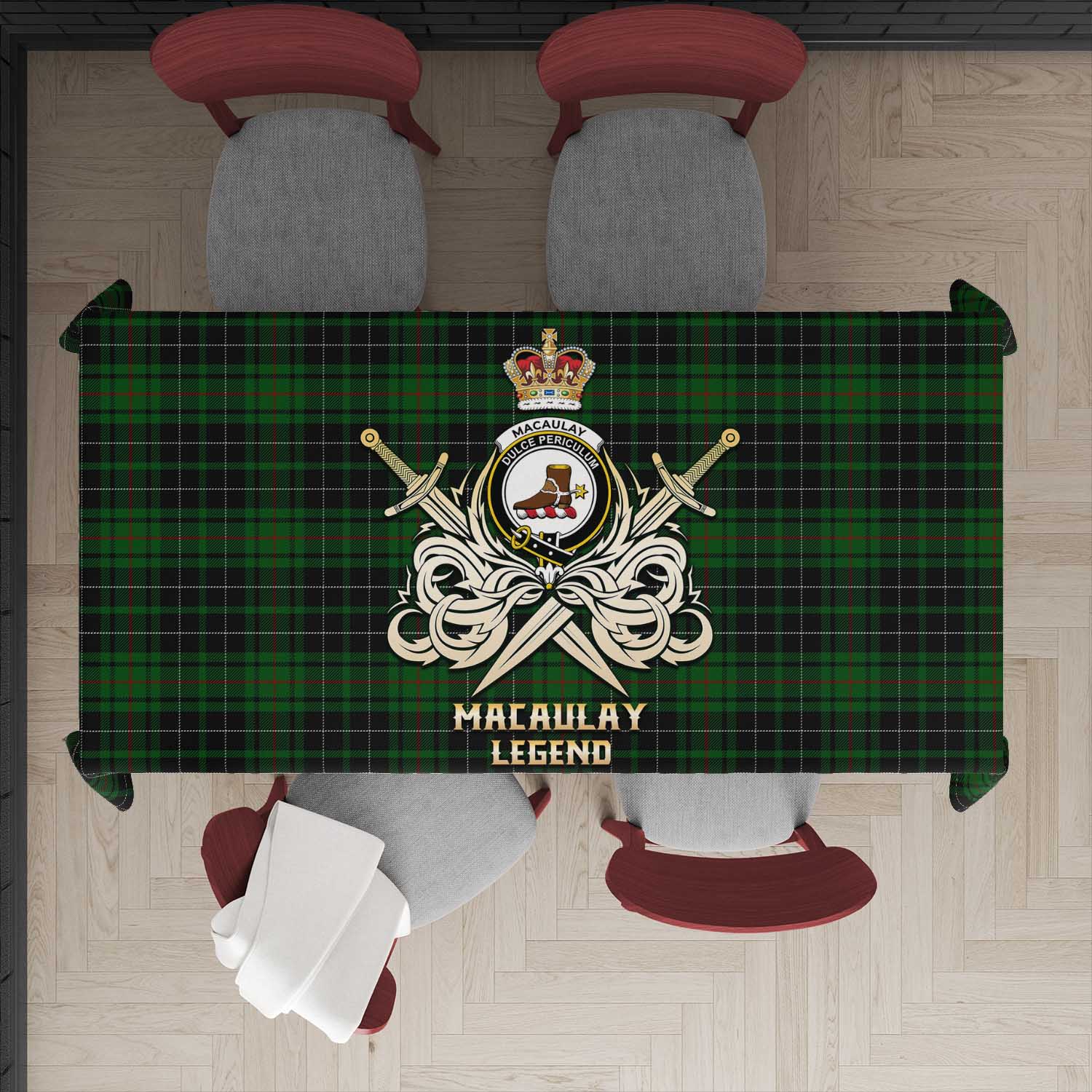 Tartan Vibes Clothing MacAulay Hunting Tartan Tablecloth with Clan Crest and the Golden Sword of Courageous Legacy