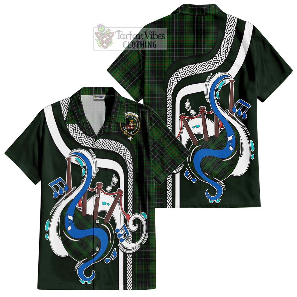 MacAulay Hunting Tartan Short Sleeve Button Shirt with Epic Bagpipe Style Kid - Tartanvibesclothing Shop