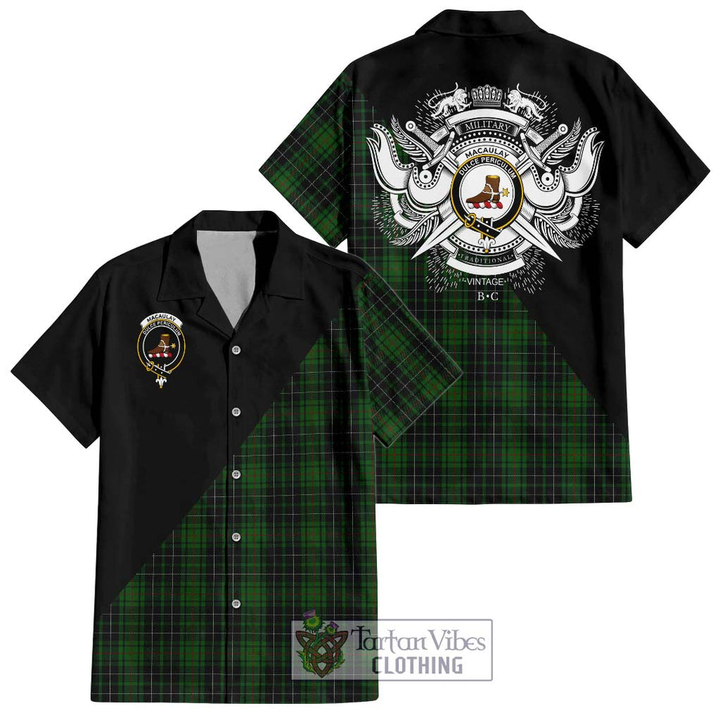 MacAulay Hunting Tartan Short Sleeve Button Shirt with Family Crest and Military Logo Style Kid - Tartanvibesclothing Shop