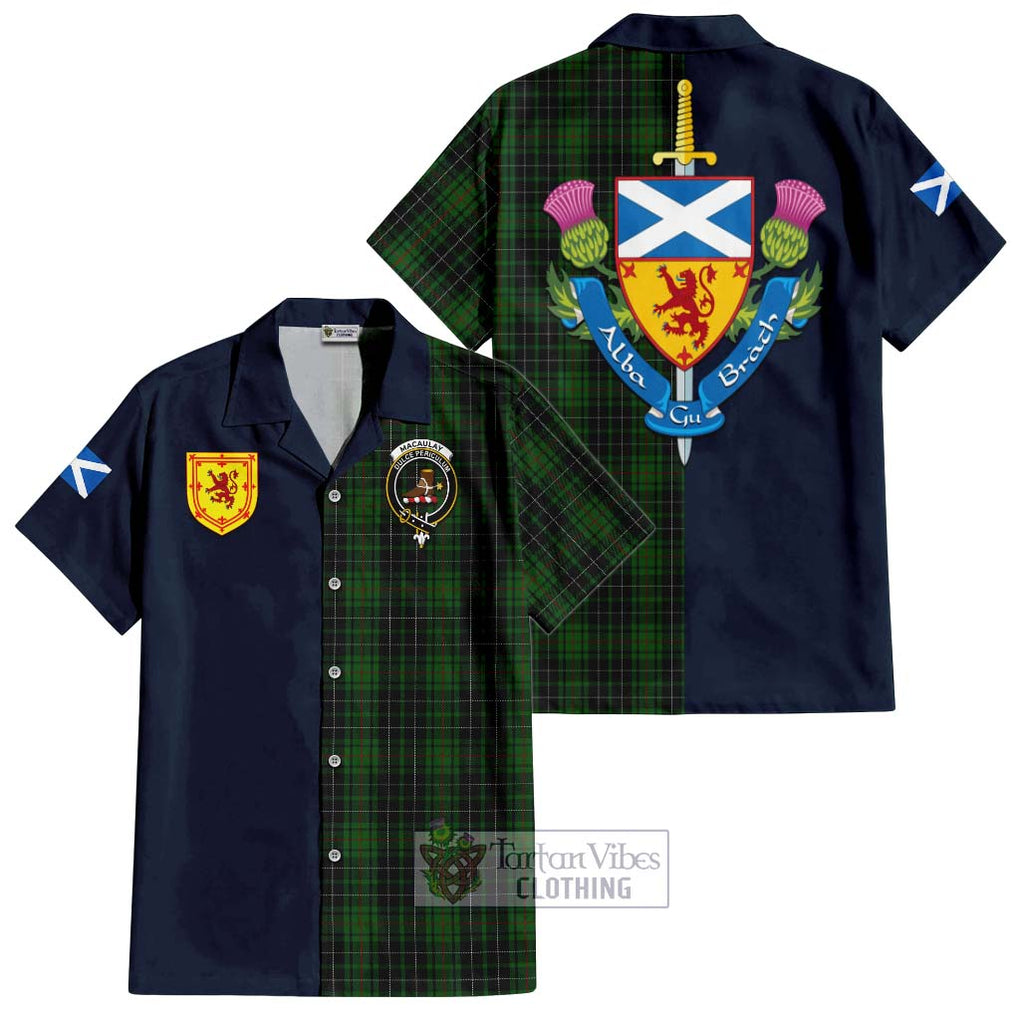 Tartan Vibes Clothing MacAulay Hunting Tartan Short Sleeve Button Shirt with Scottish Lion Royal Arm Half Style