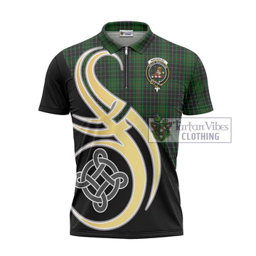 MacAulay Hunting Tartan Zipper Polo Shirt with Family Crest and Celtic Symbol Style